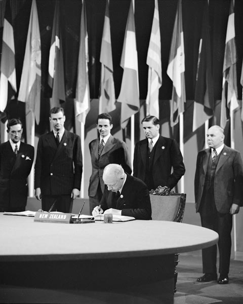 Peter Fraser signing the UN Charter, 26 June 1945